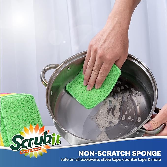 Scrub and Wipe Cleaning Pads [10 Pack] – SCRUBIT Dual Sided Scouring Pad and Sponge - Reusable Kitchen Scrubbing Sponges for Dishes, Pots, Pans Utensils & Non-Stick Cookware (Yellow)