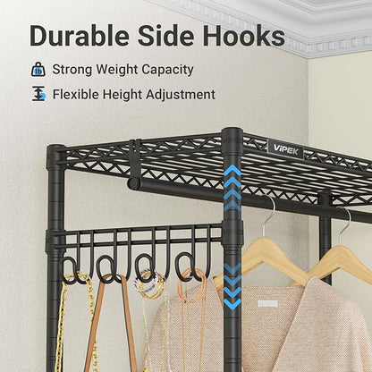 VIPEK R2C Plus Heavy Duty Rolling Garment Rack with Cover Clothing Racks for Hanging Clothes Portable Closets with Adjustable 3 Wire Shelves, Double Rods, Black Rack with Grey Upgraded Polyester Cover