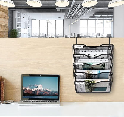 Wall File Organizer 5 Pockets, Mail Organizer, Hanging Folder Holder, Foldable | Hanging or Wall Mounted | Label Panel | 2 Hooks | Office Home School Organizer, Black