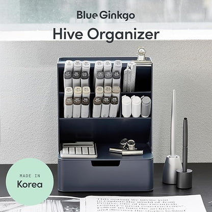 BLUE GINKGO Hive Desk Organizer – Vertical 6-Compartment, Full-drawer Storage – Space-Saving Pen Holder, Stationery Storage – Organizer for Office, School Supplies, Makeup (Made in Korea, Blue)