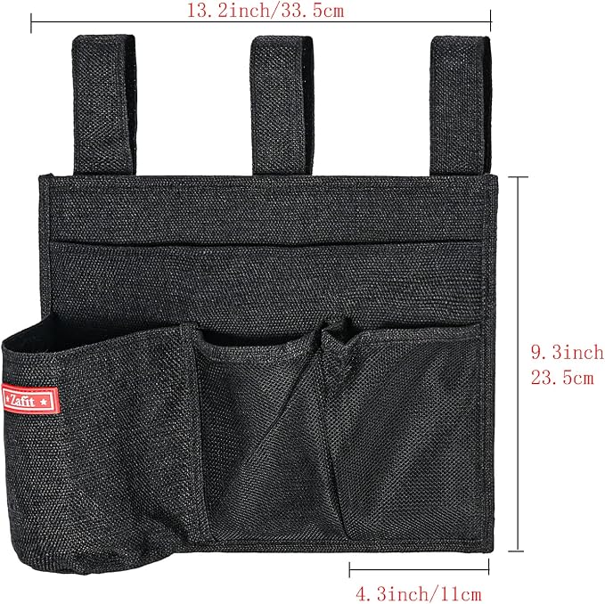 Zafit Linen Bedside Caddy, Bedside Storage Organizer for Hospital Beds, College Dorm Rooms or Baby Bed (4 Pockets-Black)