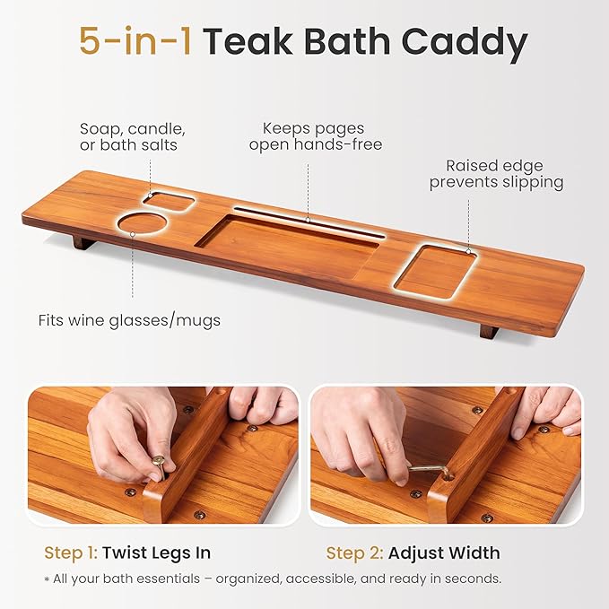 Teak Bathtub Tray for Freestanding Bath, 39" Extra Thick Adjustable Spa Caddy - Non-Slip Anti-Tip Wood Organizer for iPad, Wine & Book - Artisan Natural Finish, Perfect Self-Care Gift