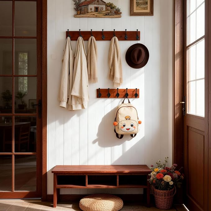WEBI Rustic Coat Rack Wall Mount,30" Long 7 Cast Iron Coat Hooks Wall Mounted,Heavy Duty Wood Wall Coat Hanger Hooks for Hanging Coats,Jacket,Clothes,Backpack,Farmhouse,Cherry,2 Packs