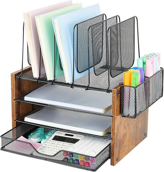 OPNICE Wood Desk Organizers and Accessories, 4-Tier Workspace Desktop Paper Organizer with Drawer, 5 Vertical File Holders and Pen Holder for Office Supplies