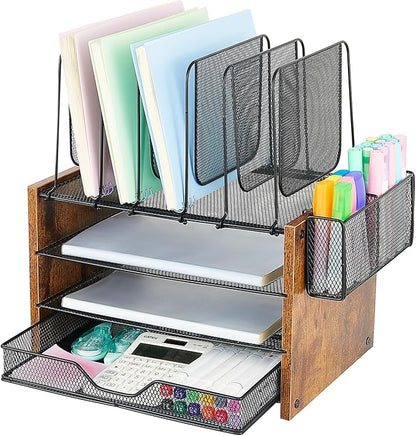 OPNICE Wood Desk Organizers and Accessories, 4-Tier Workspace Desktop Paper Organizer with Drawer, 5 Vertical File Holders and Pen Holder for Office Supplies