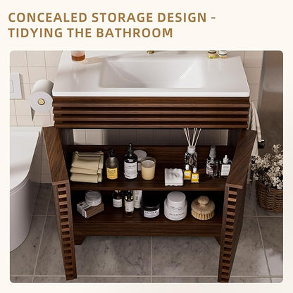 VNN 36 Inch Bathroom Vanity with Ceramic Sink - Freestanding Modern Bathroom Storage Vanity Cabinet with Fluted Design, Soft-Close Doors, Shelves, Toilet Paper Holder & Towel Hooks, Walnut