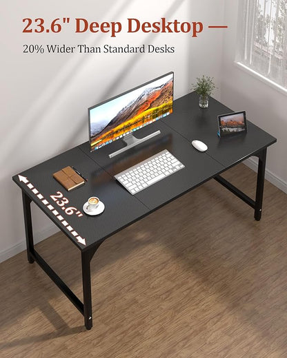 Computer Desk 55.1" Office Desk, Extra Wide 23.62” Carbon Fiber Deep Desktop, 0.59” Thick Heavy-Duty Home Office Desks, Office Table with Steel Frame, Wood Desk for Bedroom Study Writing Gaming Work