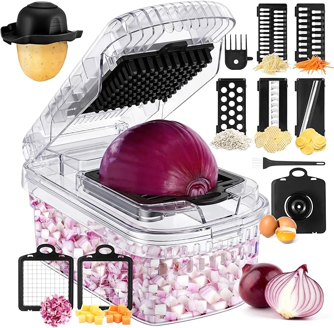 Vegetable Chopper,12-in-1 Multifunctional Food Chopper,Professional Onion Chopper with 7 Blades,Vegetable Cutter with Container for Salad,Potato,Carrot,and Garlic Essential Kitchen Tool (transparent)
