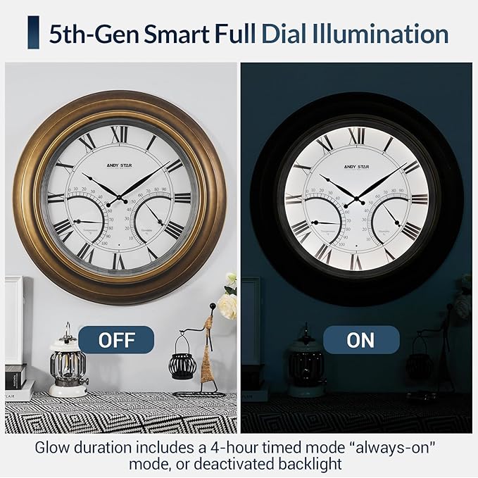 ANDY STAR 24 Inch Outdoor Clocks Waterproof,Large Outdoor Wall Clocks for Patio with Thermometer Combo, Illuminated Indodor Metal Clock Battery Operated Non Ticking, House Warming Gifts Gold Finish