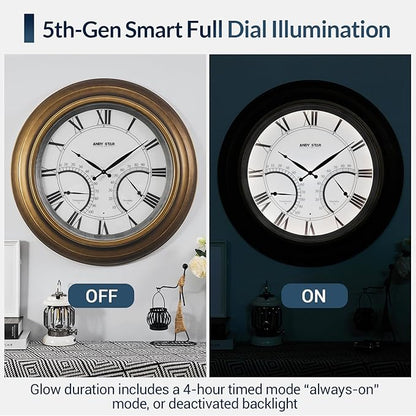 ANDY STAR 24 Inch Outdoor Clocks Waterproof,Large Outdoor Wall Clocks for Patio with Thermometer Combo, Illuminated Indodor Metal Clock Battery Operated Non Ticking, House Warming Gifts Gold Finish