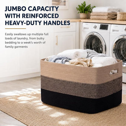 OIAHOMY Large Blanket Basket, 22”x17”x12” Rectangle Woven Baskets, Nursery Blanket Storage Living Room, Toy Storage With Handle, Large Baskets for Organizing-Yellow Black