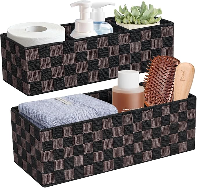 2-Pack Checker Pattern Woven Bins, 16” Ribbon Metal Wire Desk Organizer, Drawer Dresser Baskets, Countertop Toilet Paper Storage Containers (Black & Brown)