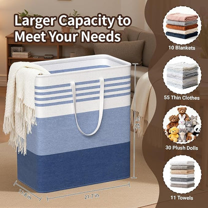 WOWBOX 2 Pack Laundry Baskets, Laundry Hampers, Freestanding Dirty Clothes Hampers with Reinforced Handles & Cross Stitch & Waterproof Coating, for Laundry Bedroom Bathroom Dorm,100L Blue