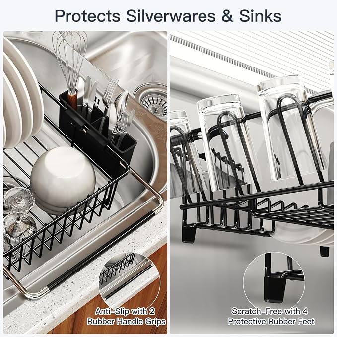 MAJALiS Dish Drying Rack Over The Sink with Utensil Holder | Expandable Stainless Steel Dish Drainer for Small Kitchen, Apartment, RV, Counter Space Saving, Perfect Fit, Rustproof