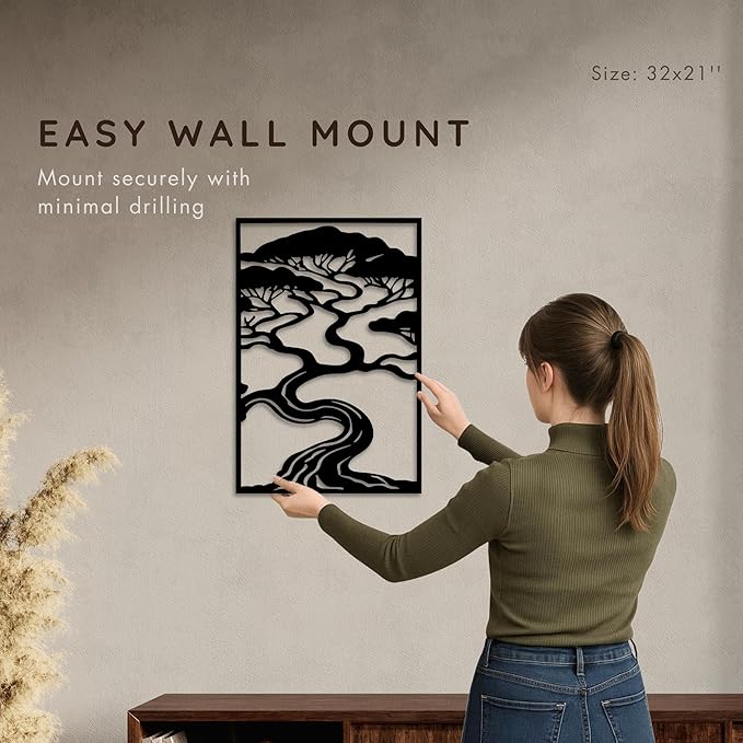Bonsai Tree Metal Wall Art, Zen Nature Inspired Outdoor & Indoor Decor, Modern Framed Garden Wall Sculpture for Patio, Balcony, Living Room or Entryway (32×21 inches)