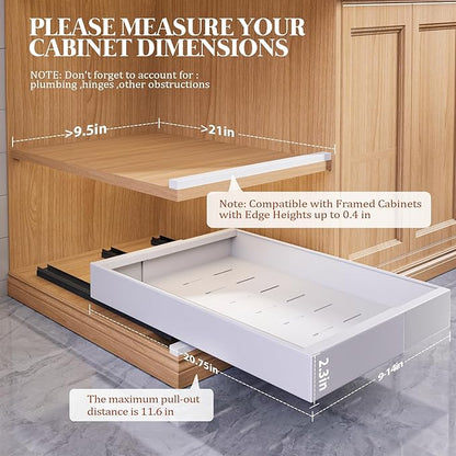 Seinloes 4 Pack Expandable Pull Out Cabinet Organizer 21" Deep With Raising Pad for Framed Cabinets,Upgrade 3 Slide Rails Slide Out Drawers,No Drill Roll Out Shelves,Adjustable Width 9"-14" White