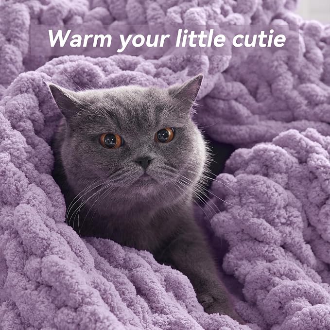 Negwoo Chunky Knit Throw Blanket, 80''*90'' Knitted Throw Chenille Yarn for Bed Couch, Handmade Light Purple Crochet Big Thick Blanket, Machine Washable Cute Comfy Blanket for Home Decor