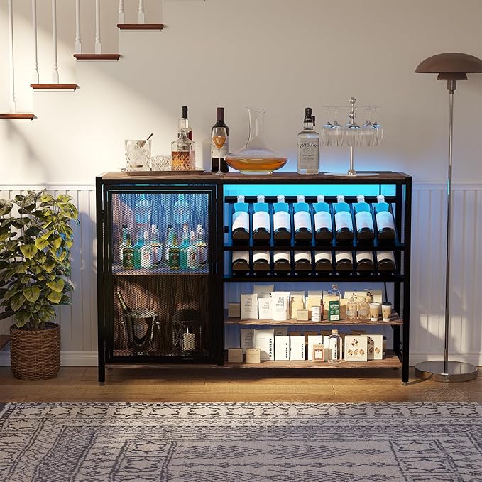 48" Wine Bar Cabinet with Power Outlet, Industrial Coffee Bar Cabinet with LED Strip, Liquor Bar Cart with Wine Rack and Glass Holder for Living Room Dining Room Kitchen, Rustic Brown