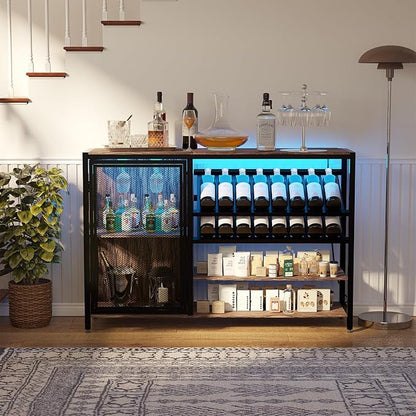 48" Wine Bar Cabinet with Power Outlet, Industrial Coffee Bar Cabinet with LED Strip, Liquor Bar Cart with Wine Rack and Glass Holder for Living Room Dining Room Kitchen, Rustic Brown