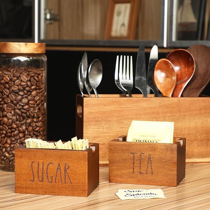 Acacia Sugar Packet Caddy for Coffee Bar, Farmhouse Wood Sugar Holder Packets , Sugar Packet Container, Small Tea Bag Organizer for Office Table,Hotel, Restaurant (Brown-Labeled "TEA")