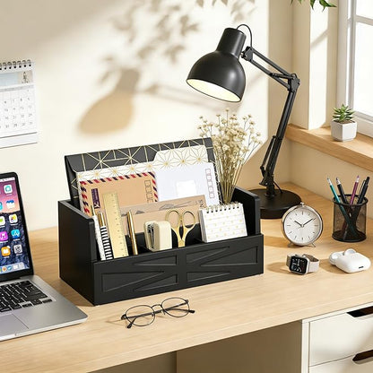 Mail Organizer Countertop, Wood Mail Holder Sorter for Desk, Rustic Bill Storage Organizer Box, Office Letter Basket for Document File Folder Paper Envelope (Black)