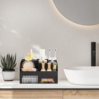 Makeup Organizer with 2 Drawers, Cosmetic Storage for Dresser Vanity and Bathroom Countertop,Make up organization and Skincare Storage with Beauty Brush Holder, Cosmetic Display Case 2Pcs Black