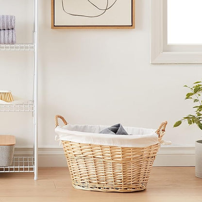 Household Essentials Wicker Laundry Basket with Handles, Handwoven Willow, and Removable Washable Liner, Natural