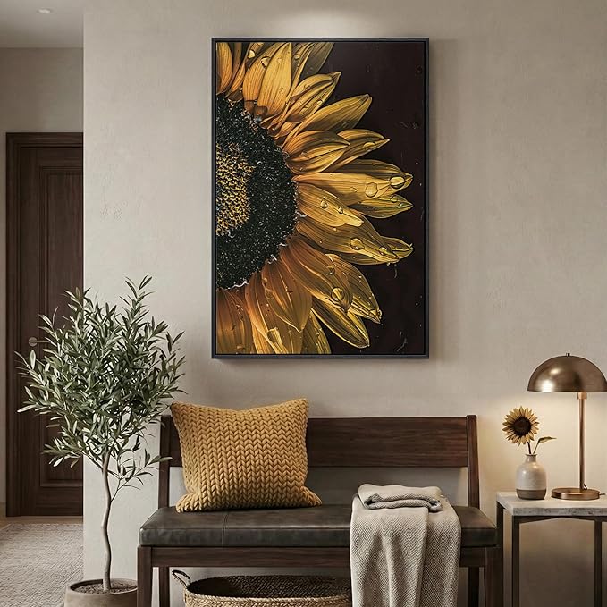 Framed Sunflower Wall Art, Modern and Elegant Floral Canvas Prints Paintings Artwork for Walls, Minimalist Yellow Flower Pictures for Living Room Dining Bedroom Loung Fireplace Wall Decor 24x36 In