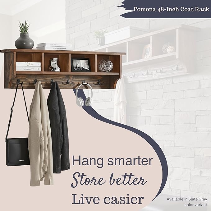 Alaterre Furniture Pomona Entryway Organizer – Rustic Farmhouse 48-Inch Wall-Mounted Coat Rack with 6 Double Hooks & 4 Open Cubbies – Solid Wood Mudroom Storage for Entryway or Hallway (Rustic Brown)