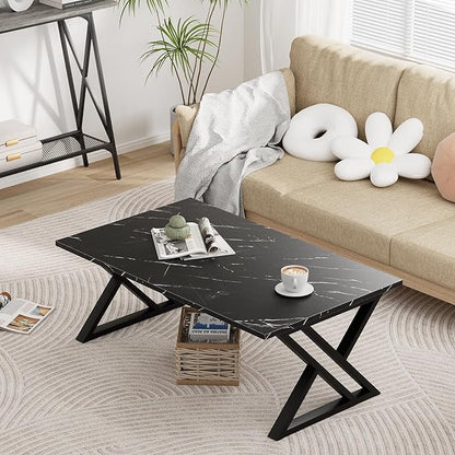 Wolawu Coffee Table Living Room Table Black Center Table, Simple Modern Faux Marble Rectangular Tea Table with Sturdy Black-Finished Metal Frame,Industrial Wooden Coffee Table for Bedroom Home Office