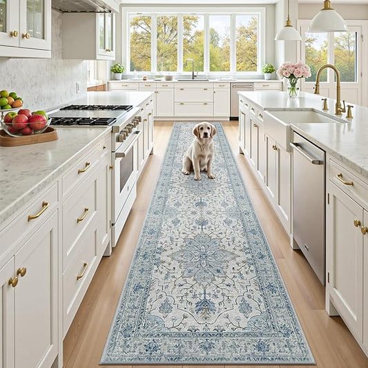 RELEANY Area Rugs Runner 2'x10' Washable Non-Slip, Floral Vintage Distress Medallion Carpet for Kitchen Hallway Bedroom Beside Laundry Room Bathroom, Light Blue Navy Gray White