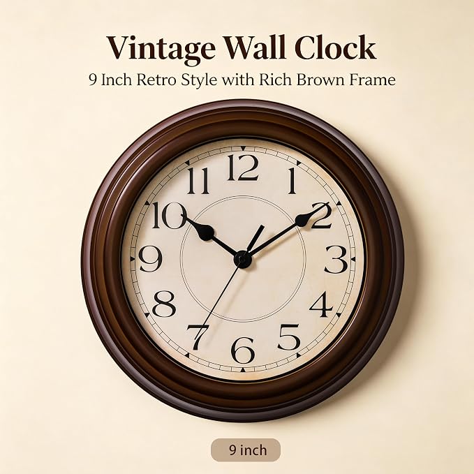 KECYET Wall Clock, 9 Inch Silent Battery Operated Non-Ticking Wall Clock Classic Decorative for Living Room, Kitchen,Office, Bedrooms(Brown)