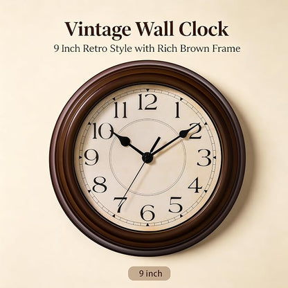 KECYET Wall Clock, 9 Inch Silent Battery Operated Non-Ticking Wall Clock Classic Decorative for Living Room, Kitchen,Office, Bedrooms(Brown)