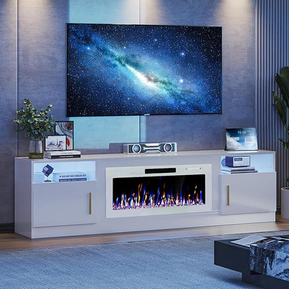 VITESSE TV Stand Fireplace with 36" inch Electric Fireplace Up to 90" TVs, LED Light Entertainment Center, 80" Modern Wood High Gloss with Highlight Storage Cabinet for Living Room (White)
