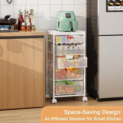 Kitchen Storage Cart with Wheels, 5-Tier Fruit Vegetable Storage Cart, Kitchen Organizer and Storage Cart with Drawers, Wooden Top Metal Wire Pantry Storage Cart for Fruit Snack Onion Potato, White