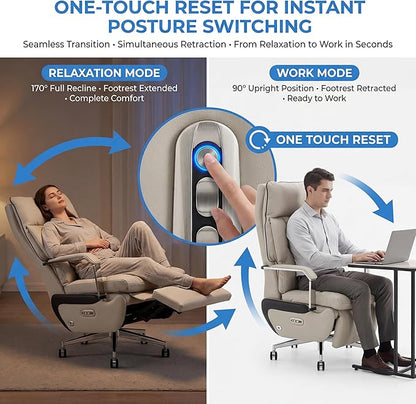 Dual Motor Executive Home Reclining Office Chair with Footrest - One-Click Electric Recline with Massage & Pillow Support Big and Tall PU Leather Ergonomic Desk Chair, High Back Wide Seat (White)