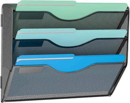 3 Tier Hanging Wall File Organizer, Mesh Mail Paper Orgnization Hanging File Folder Holder for Home Office, Black