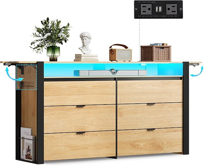 WLIVE 78 Inch LED Dresser for Bedroom, Wood Dresser with Charging Station, Large Chest of Drawers Expandable with Flexible Shelves and Hanging Rack, for Closet, Living Room (85" TV), Light Oak
