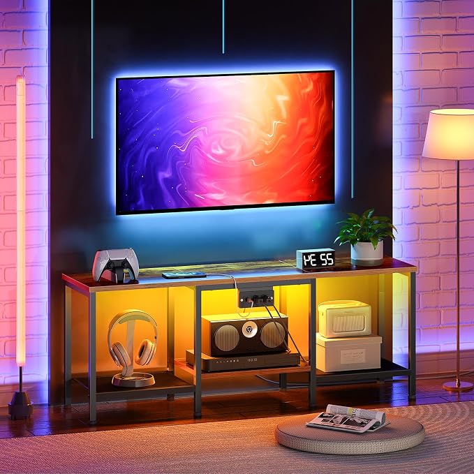 HOOBRO TV Stand with Charging Station to 55 Inches, LED Entertainment Center, Media TV Console Table with Open Storage Shelving for Living Room, Bedroom, Rustic Brown and Black BF122UDDS01