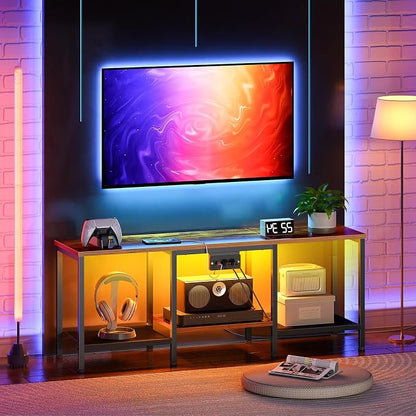 HOOBRO TV Stand with Charging Station to 55 Inches, LED Entertainment Center, Media TV Console Table with Open Storage Shelving for Living Room, Bedroom, Rustic Brown and Black BF122UDDS01
