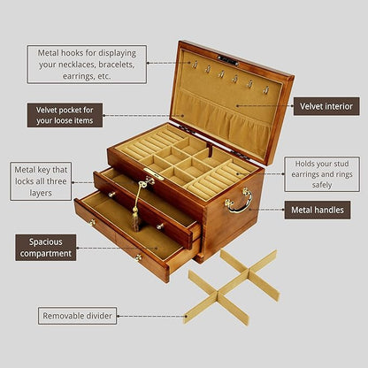 Wooden Jewelry Box with Lock and Key for Women, 2 Drawers Medium Size Real Natural Wood Lockable Antique Organizer with Large Storage, Ring Compartments, Built in Necklace Hooks