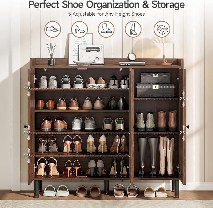 ONBRILL Shoe Cabinet with 3 Doors and Adjustable Shelves, 30 Pairs Shoe Storage Cabinet, 40 Inch Tall Farmhouse Shoe Rack Shoe Organizer Cabinet for Entryway Living Room Closet, Walnut