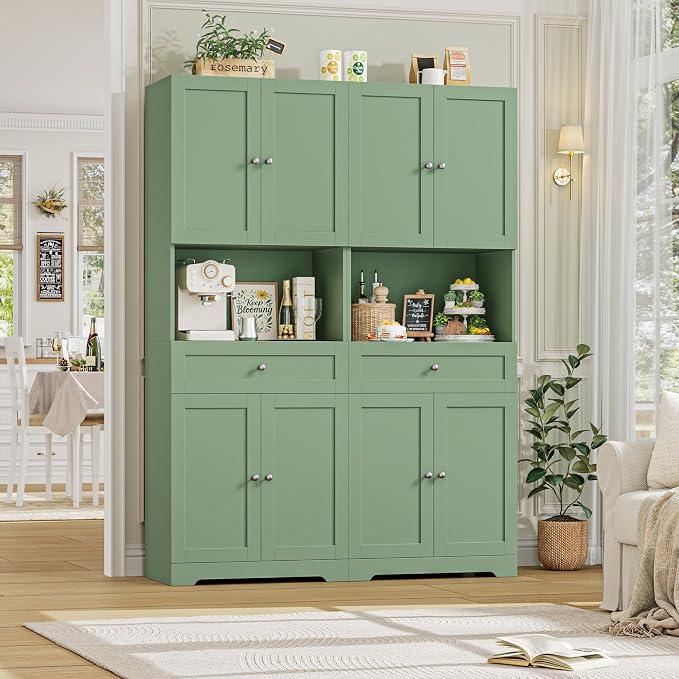 Tall Bathroom Storage Cabinets with Drawer, Modern Linen Cabinet with Doors & Shelves, 67"H Tall Storage Cabinet Freestanding for Bathroom, Dining Room, Kitchen & Pantry, Laundry, Narrow Corner, Green