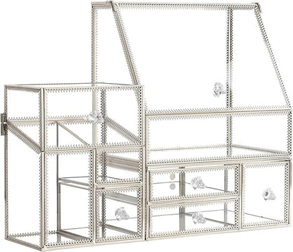 Hersoo Glass Makeup Organizer for Vanity/Stackable 2Pieces Drawer Set/Antique Countertop Vanity Cosmetic Storage Box Mirror Glass Beauty Display, Holder for Brushes Lipsticks Skincare Toner (Silver)