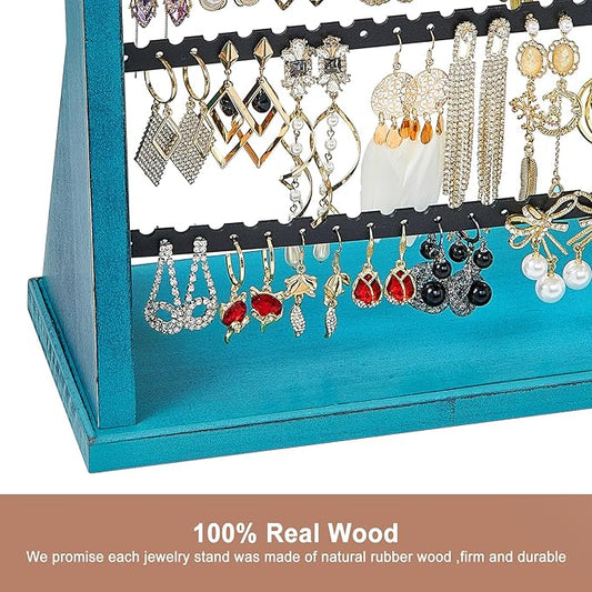 Poyilooo Earring Organizer Stand, Rustic Wood Earring Holder Rack, 5 Layer Jewelry Holder Organizer with 270 Earring Tree Holes Display for Stud Earings & Hoop Earrings, Gifts for Women (Teal)