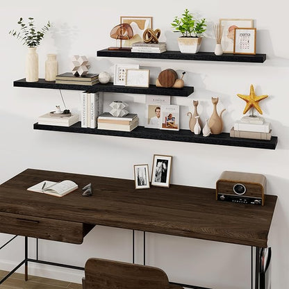 Fun Memories Floating Shelves for Wall, 48Inch Floating Shelves Set of 2, Hanging Shelf with Invisible Brackets, Wood Shelves for Living Room, Bedroom, Kitchen, Black