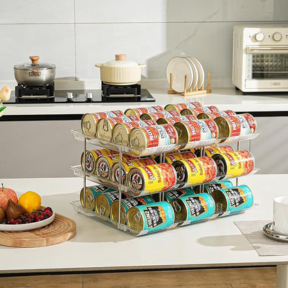 Amllas Can Organizer for Pantry, Stacking Can Storage Organizer Pantry, Automatic Rolling Can Rack for Fridge, 2Tire 3 Columns Can Holder for 24 Cans, Canned Goods Organizer