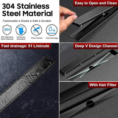 DLONE Linear Shower Drain | 28" AISI 304 Stainless Steel Linear Drain, Matte Black Shower Drain with Tile Insert Panel & Adjustable Feet, Long Rectangle Shower Floor Drain in Bathroom, Balcony, etc