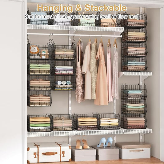 6 Tier Closet Hanging Organizer, Clothes Hanging Shelves with 4 Hanging Hooks 5 S Hooks, Wire Storage Basket Bins, for Clothing Sweaters Shoes Handbags Clutches Accessories Patent Design-Black