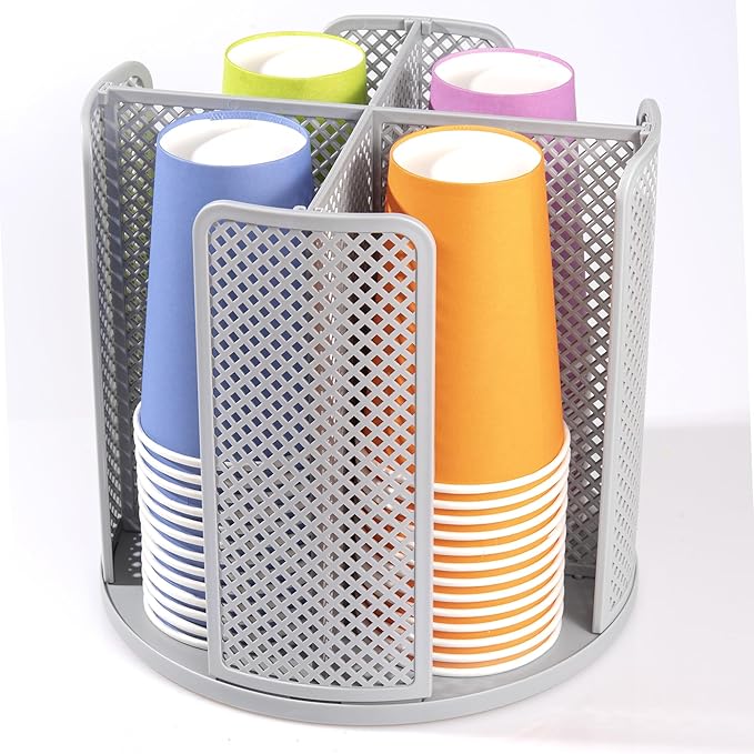 Rotating Paper Cup Dispenser, Cup Holder with 4 Compartments, Disposable Coffee Cup Dispenser Removable, Plastic Cup Storage & Lid Holder for Countertops, Kitchen, Coffee Stations (Gray)